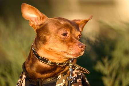 portrait of a small domestic dog outdoors.の写真素材