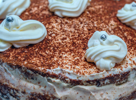 Tiramisu cake with whipped cream and mascarpone cheeseの写真素材