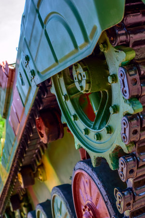 Close-up of a caterpillar of a large military tank.の写真素材