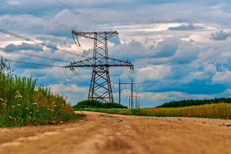 High-voltage power lines in the field against the blue skyの写真素材