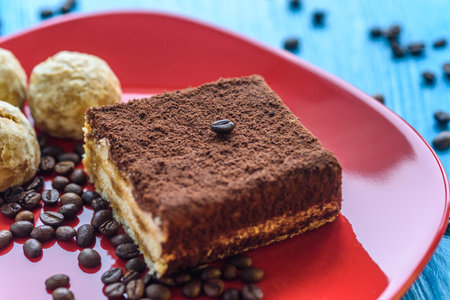 Tiramisu cake on a red plate, photographed on a light wooden background.