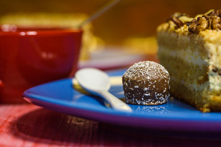 A slice of sponge cake with walnuts close-up.の写真素材
