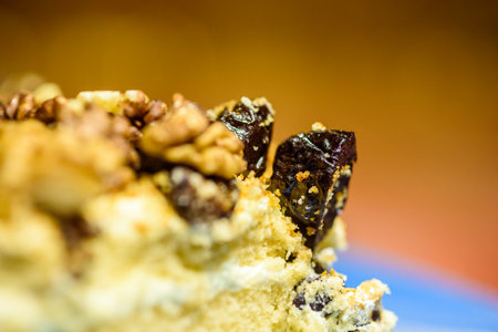 A slice of sponge cake with walnuts close-up.の写真素材