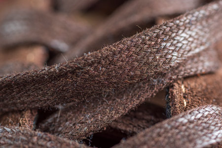 Close up of brown leather shoelaces. Shallow depth of fieldの写真素材