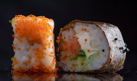 Sushi roll with salmon and caviar on a black background.の写真素材