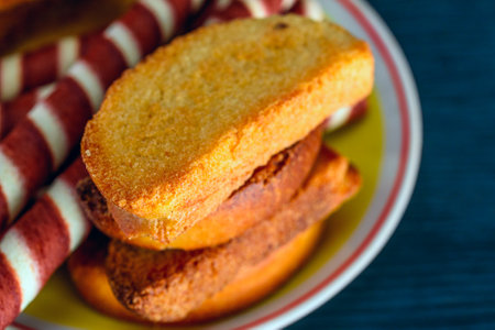 Crispy bread sticks on a plate. Selective focus.