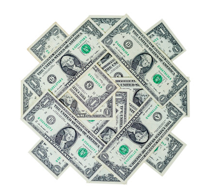 A lot of one hundred dollar bills isolated on a white background.