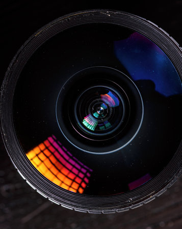 camera lens on dark background close-upの写真素材