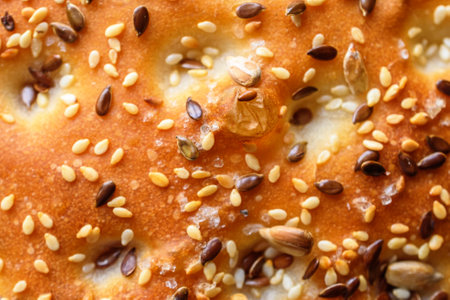Close up of a freshly baked bread with sesame and sunflower seedsの写真素材