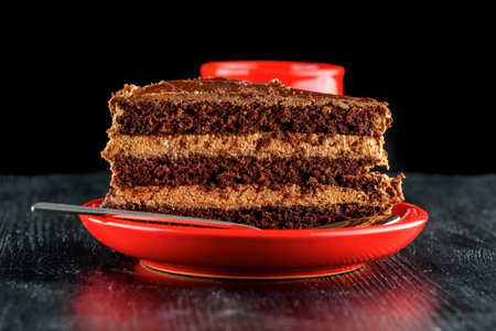 Slice of chocolate cake on a red plate on a black backgroundの写真素材