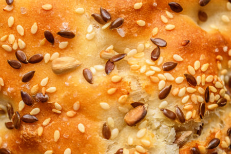 Bread with sesame seeds, close up. Whole background.