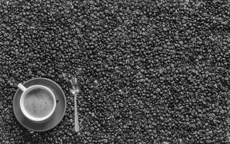 a cup of coffee on a background of coffee beansの写真素材