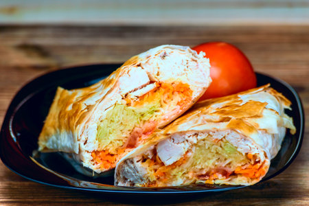 Chicken fillet wrapped in pita bread with vegetables on wooden backgroundの写真素材
