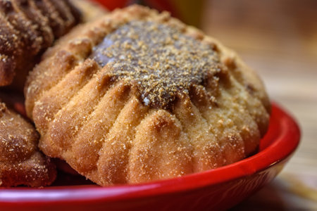 Homemade cookies with poppy seeds in a red plate on a wooden tableの写真素材