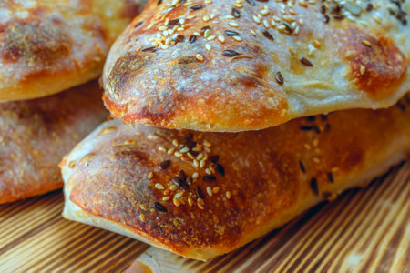 Freshly baked buns with sesame seeds on a wooden table