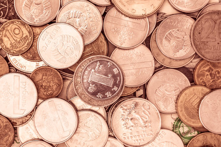 Coins background, close up of coins with filter effect retro vintage styleの写真素材