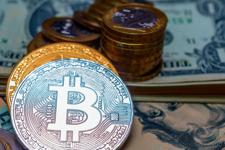Digital currency physical metal bitcoin coin on the background of dollar bills.の写真素材