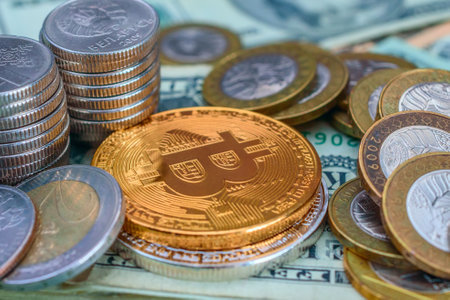 Golden bitcoin on the background of dollar bills and coins. Business concept.の写真素材
