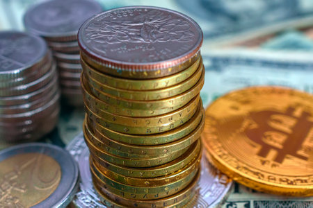 golden coins and dollar banknotes close-up, business conceptの写真素材