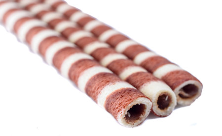 wafer rolls isolated on white background. close up of wafer rollsの写真素材