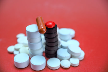 Pills and capsules on a red background. Close-up.の写真素材
