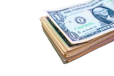 Dollars banknotes isolated on white background with clipping path.の写真素材