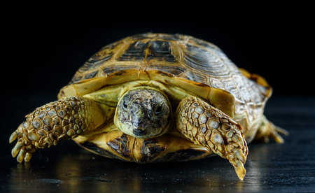 turtle crawls on a wooden surface on a black backgroundの写真素材