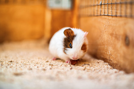 Guinea pig in a wooden cage. Photographed close-up.の写真素材