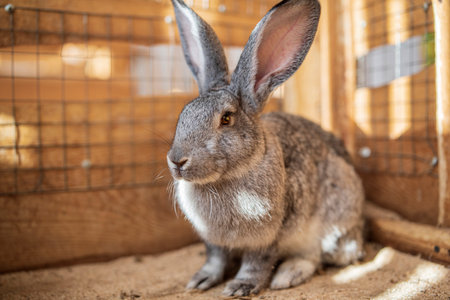 Gray rabbit in a wooden cage. Photographed close-up.