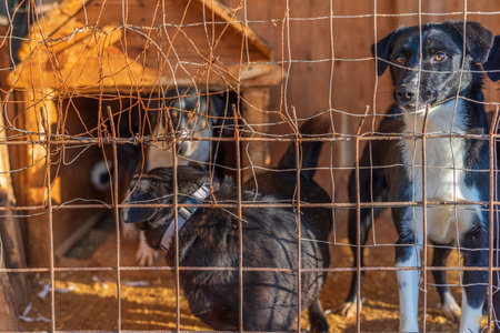 Homeless dogs in a shelter in a cage. Photographed close-up.の写真素材
