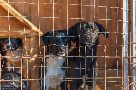 Homeless dogs in a shelter in a cage. Photographed close-up.の写真素材