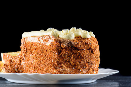 Tiramisu cake on a white plate on a black background