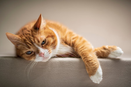 Portrait of a beautiful red domestic cat in an apartment.の写真素材