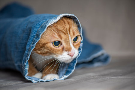 Portrait of a beautiful red domestic cat in an apartment.の写真素材