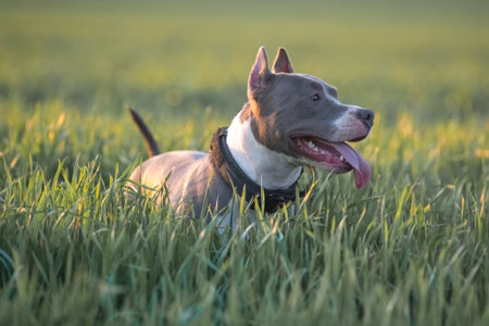 A beautiful purebred American Pit Bull Terrier plays in a spring field.の写真素材
