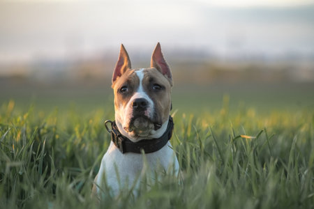 A beautiful purebred American Pit Bull Terrier plays in a spring field.の写真素材