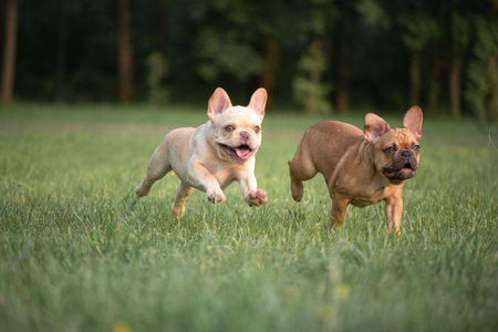 A beautiful purebred French Bulldog is having fun in the park.の写真素材