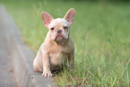 Portrait of a beautiful purebred French Bulldog puppy in the park.の写真素材