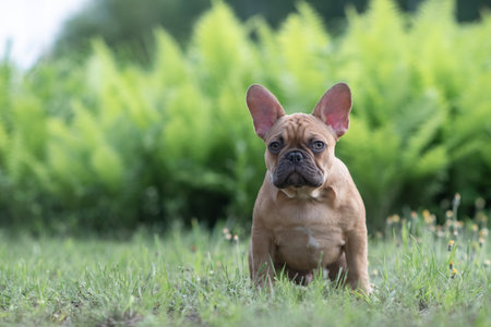 Portrait of a beautiful purebred French Bulldog puppy in the park.の写真素材