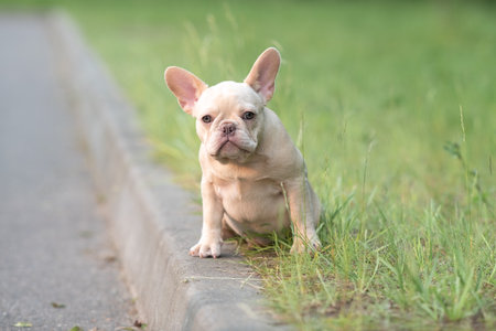 Portrait of a beautiful purebred French Bulldog puppy in the park.の写真素材