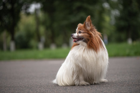 Portrait of a beautiful purebred dog in a summer park.の写真素材