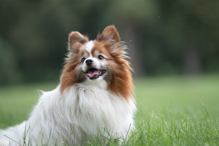 Portrait of a beautiful purebred dog in a summer park.の写真素材