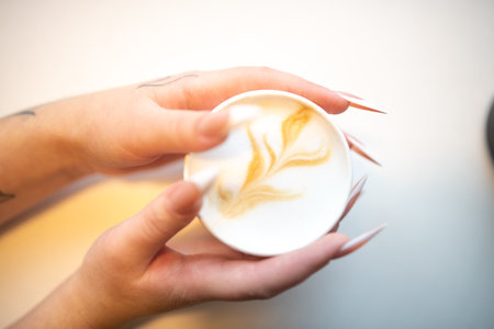 Hands holding a white cup of latte art with intricate designs, showing creamy texture and warm colors, creating a cozy coffee experience with artistic flairの写真素材