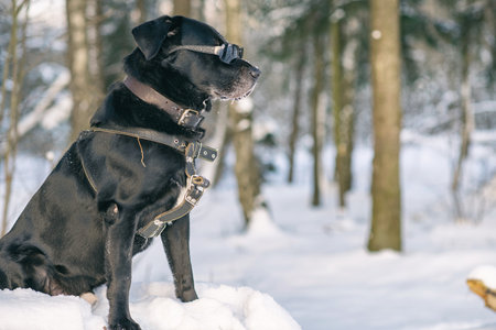 Black dog sitting in snow-covered field, wearing a harness, surrounded by winter landscape with trees in the background, showcasing a serene and peaceful atmosphereの写真素材