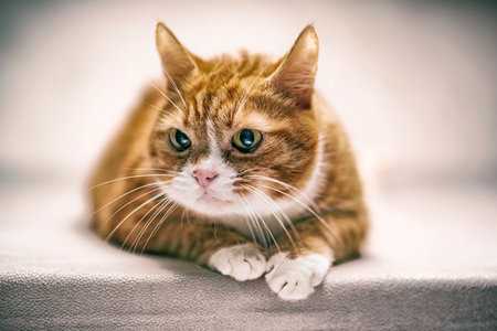 Domestic cat with a playful expression, lying on a soft surface, showcasing its fur texture and...
