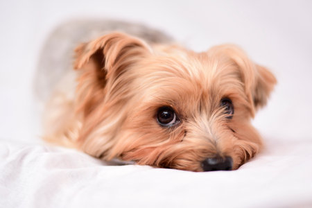 Yorkshire Terrier lying on the bed, looking at the cameraの写真素材