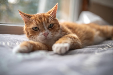 Orange tabby cat with white markings resting on a patterned pillow near a window, soft natural light...
