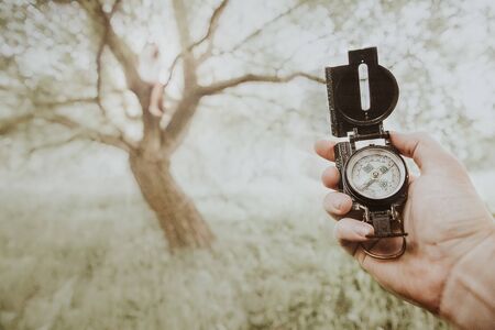 Compass in hand against light coloured nature background with old dry tree grass and bright sunshineの写真素材