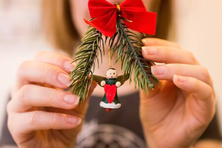 Angel for text New Year's notes Cards bows for Christmas Balls on the Christmas treeの写真素材