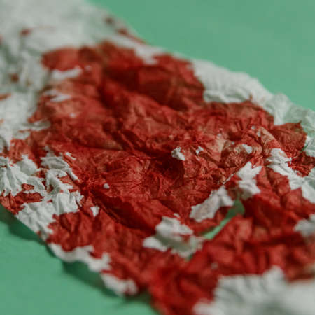 Blood on the hygiene napkin Bloody wound Skincare mockup for design Stack of disposable napkins on a blue backgroundの写真素材